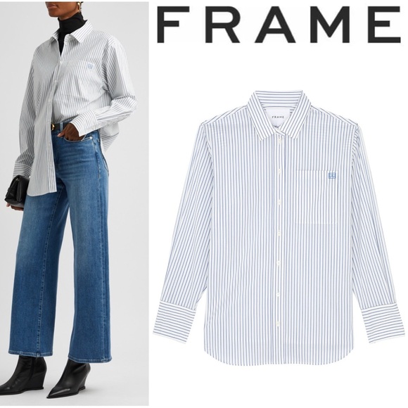 FRAME The Oversized Striped Cotton Shirt In Cobalt Multi S White Button Down - Picture 2 of 16